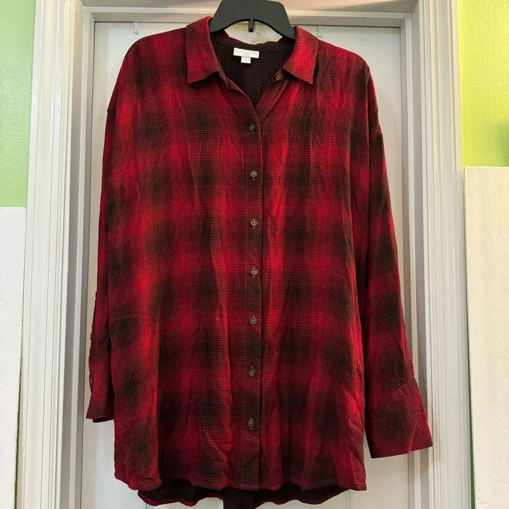 J Jill Plaid Button Front Tunic Top Red Long Sleeve Spread Collar